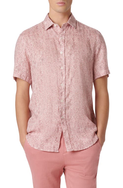 Bugatchi Orson Houndstooth Short Sleeve Linen Button-Up Shirt Dusty Pink at Nordstrom,