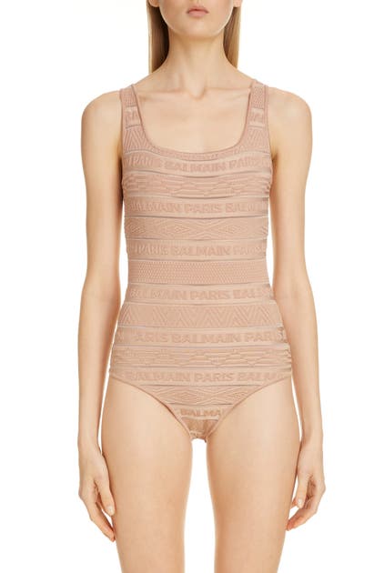 BALMAIN SHEER LOGO STRIPE JACQUARD BODYSUIT,TF10875K031