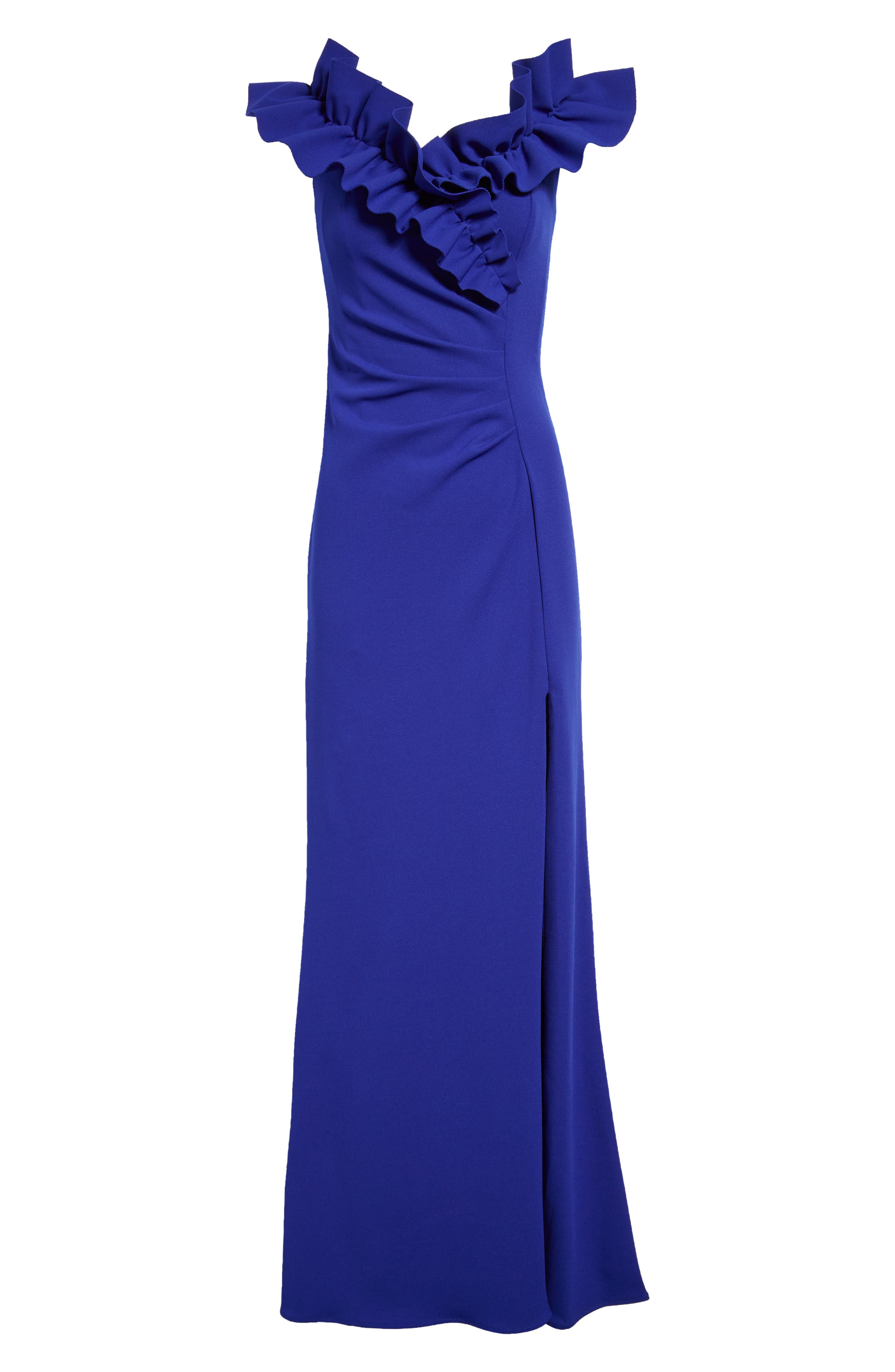 strapless open back dress Xscape Evenings Taffeta Off the Shoulder Gown 6394X