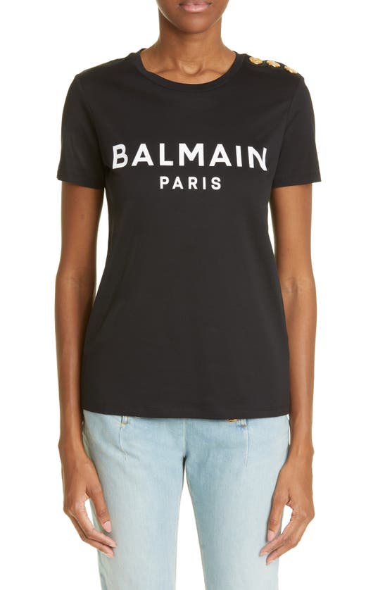 Balmain Button Shoulder Cotton Logo Graphic Tee In Noir Blanc | ModeSens