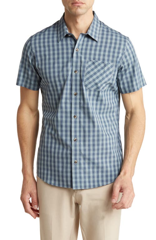 TravisMathew Sunday Siesta Gingham Short Sleeve Stretch Button-Up Shirt in Heather Silver Pine at Nordstrom, Size Large