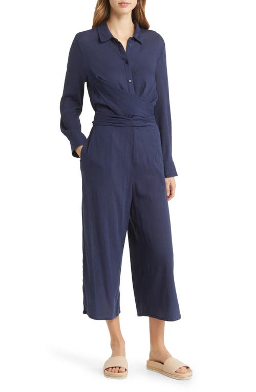 caslon(r) Wrap Front Long Sleeve Cotton Blend Jumpsuit in Navy Peacoat