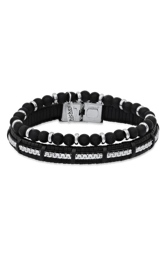 Hmy Jewelry Beaded Stainless Steel & Leather Bracelet Duo In Black