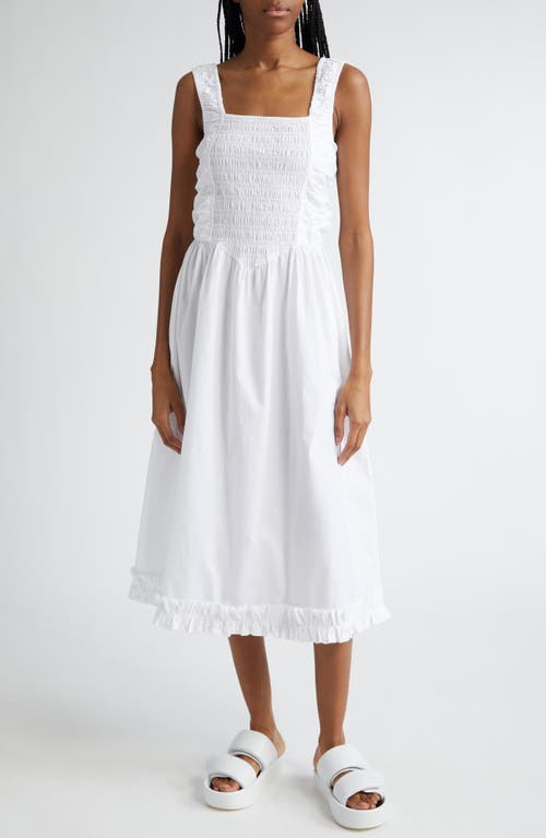 Shop Ganni Smock Bodice Organic Cotton Poplin Midi Dress In Bright White