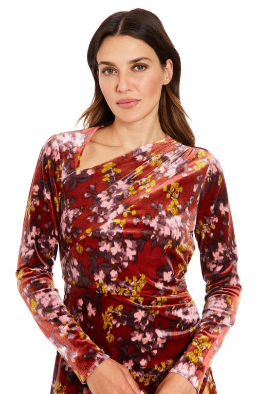 London Times Floral Long Sleeve Ruched Asymmetric Velour Dress In Red Multi
