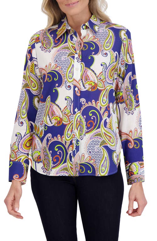 Foxcroft Meghan Retro Paisley Cotton Button-Up Shirt Blue/White Mult at Nordstrom,