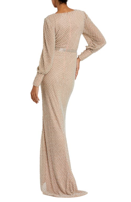 Shop Mac Duggal Beaded Long Sleeve Gown In Ivory Beige