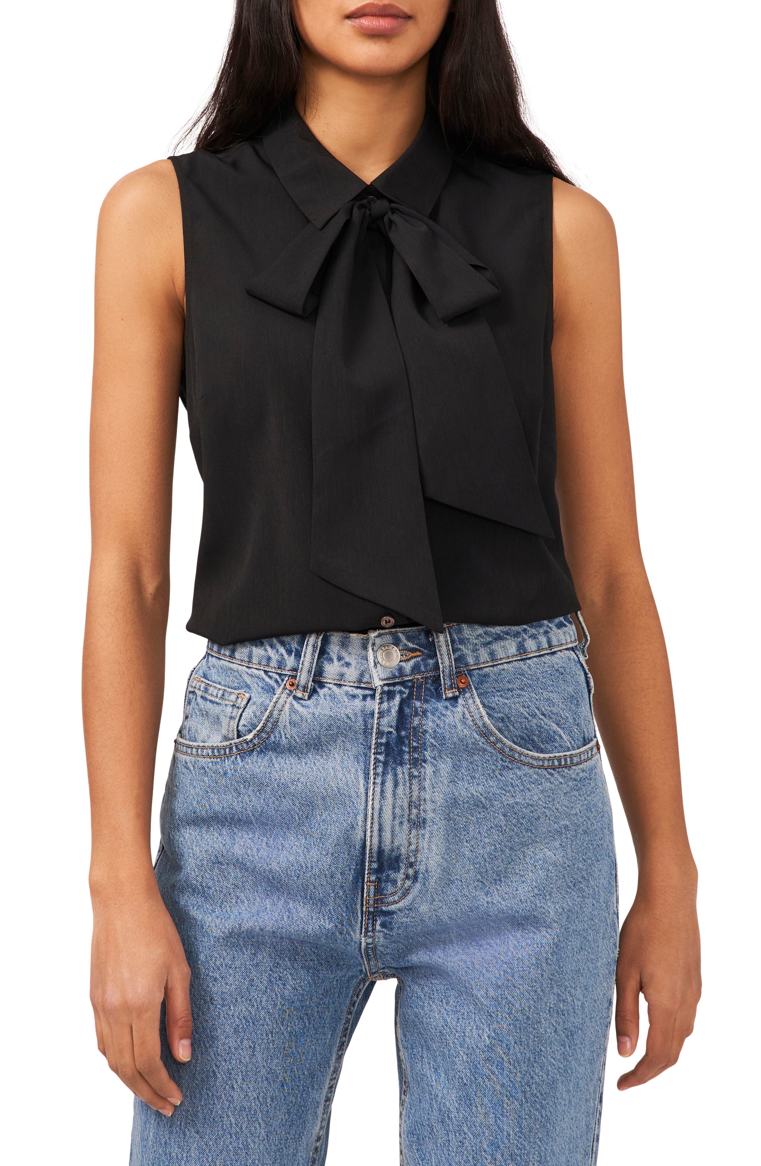 Cece Ruffle Collar Short Sleeve Blouse in Rich Black