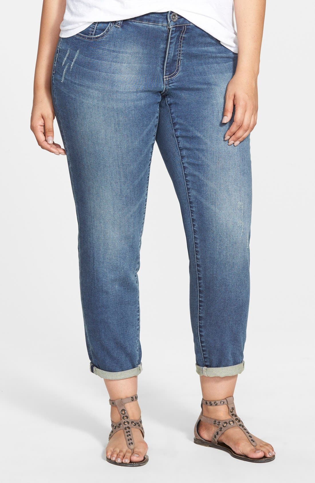 Seven7 Easy Fit Knit Denim Boyfriend Slim Jeans (Blue) (Plus Size