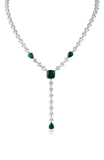Kenneth Jay Lane Round Pear Station Lariat Necklace In Emerald/silver