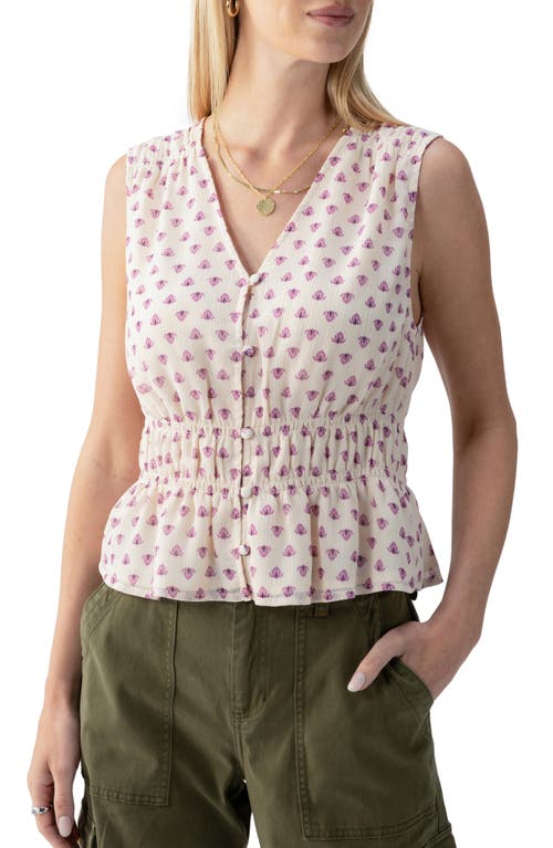 Sanctuary Print Shirred Crinkle Button-up Top In Lilac