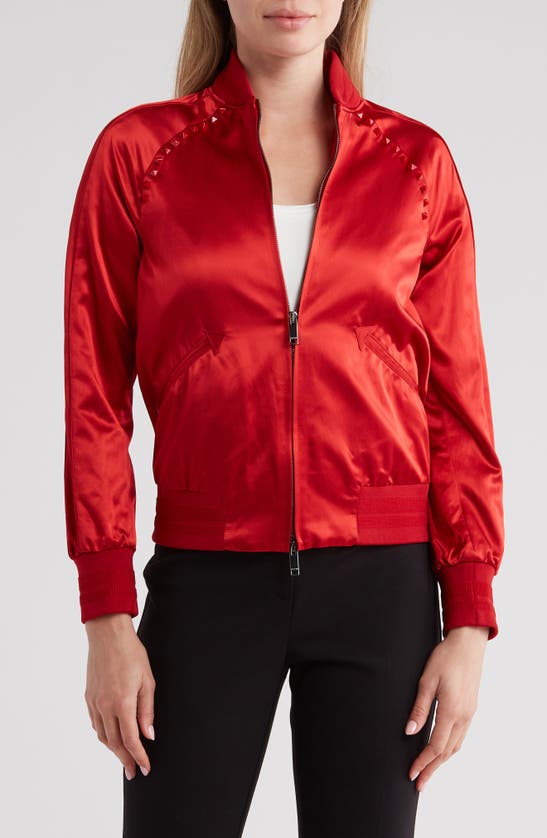 Shop Valentino Rockstud Cotton Sateen Bomber Jacket In Rosso