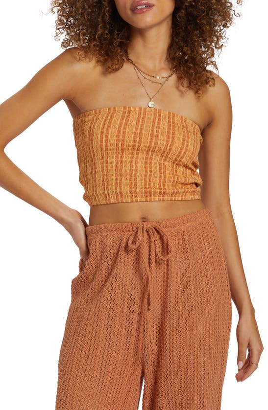 Shop Billabong Keep It Simple Smocked Strapless Crop Top In Peach Punch
