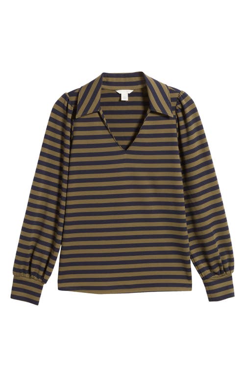 Shop Caslonr Caslon(r) Long Sleeve Johnny Collar Polo In Olive Burnt- Navy Charm Stripe