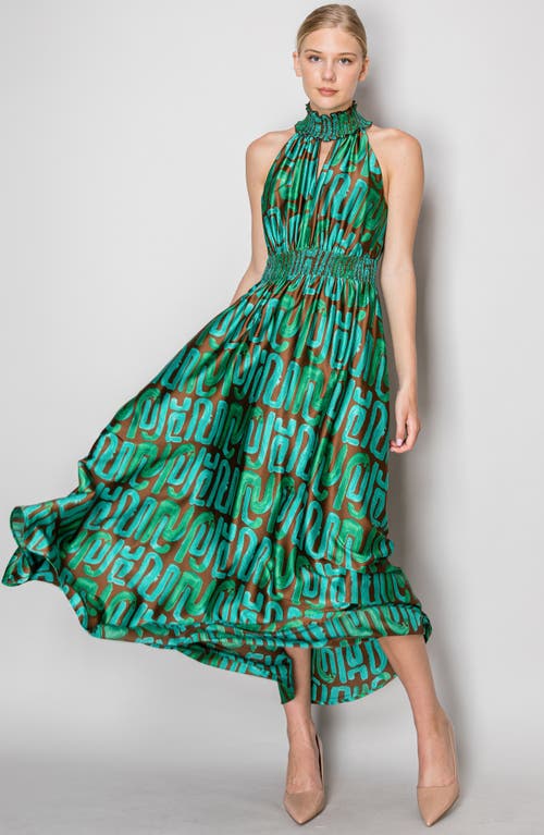 Melloday Abstract Maxi Halter Dress In Brown Green Geo