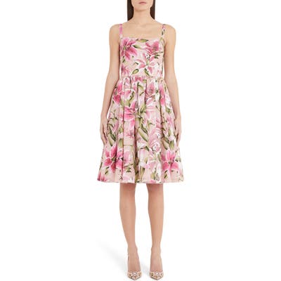 Dolce & gabbana Lily Print Silk Organza Fit & Flare Dress, US / 40 IT - Pink