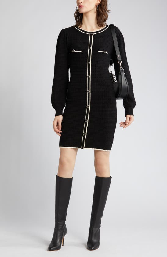 Zoe And Claire Long Sleeve Tweed Minidress In Black