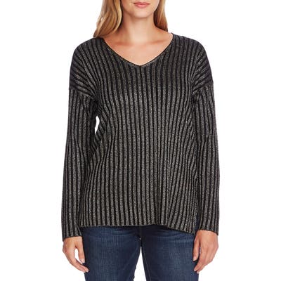 Vince Camuto Metallic Stripe V-Neck Sweater, Black