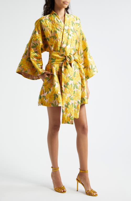 Shop La Vie Style House Floral Brocade Long Sleeve Cover-up Wrap Minidress In Yellow Gold Multi