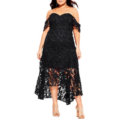 Plus Size City Chic Lace Off The Shoulder High/low Mermaid Gown, Black
