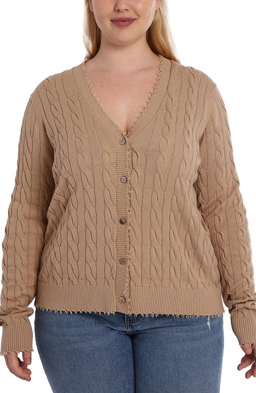 Frayed V-Neck Cable Knit Cotton Cardigan in Brown Sugar