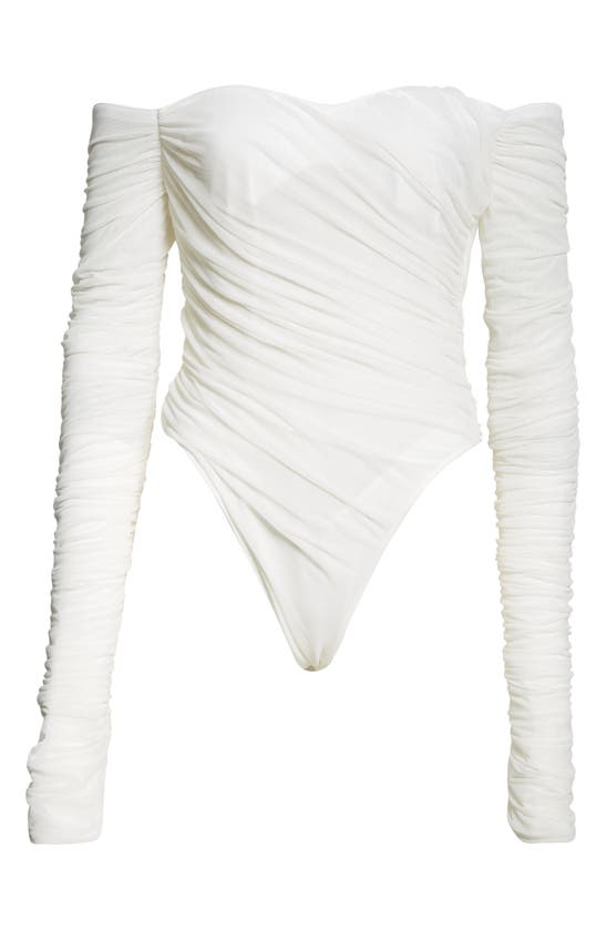 Shop Mugler Ruched Off The Shoulder Mesh Bodysuit In Warm White
