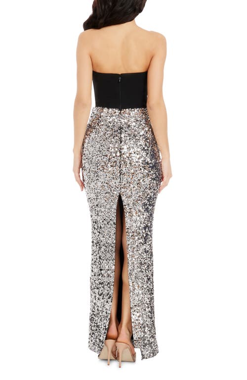 Dress The Population Vada Mixed Media Strapless Gown In Black-silver