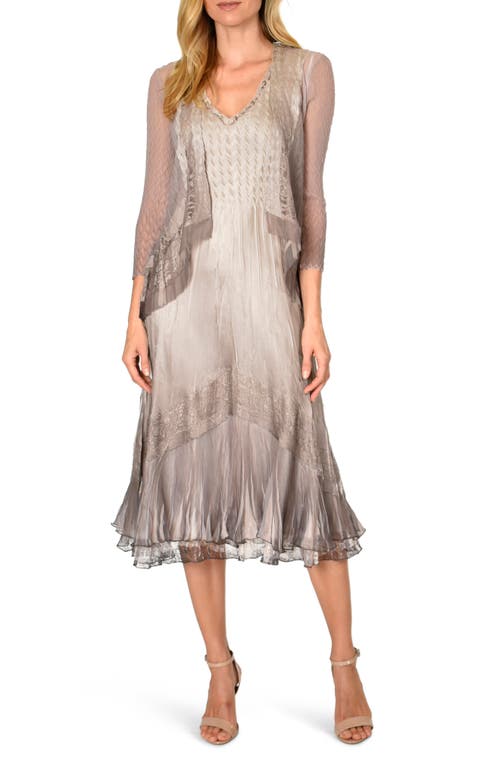 Komarov Beaded Charmeuse & Chiffon Tiered Dress with Jacket in Beach Cafe Ombre