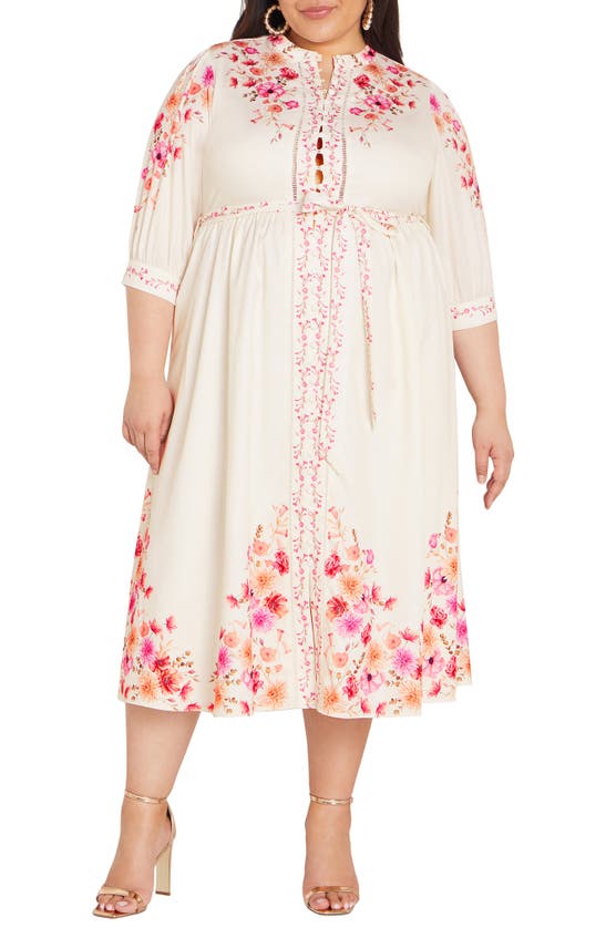 City Chic Annabelle Belted Midi Shirtdress In Ivory Patrice Border