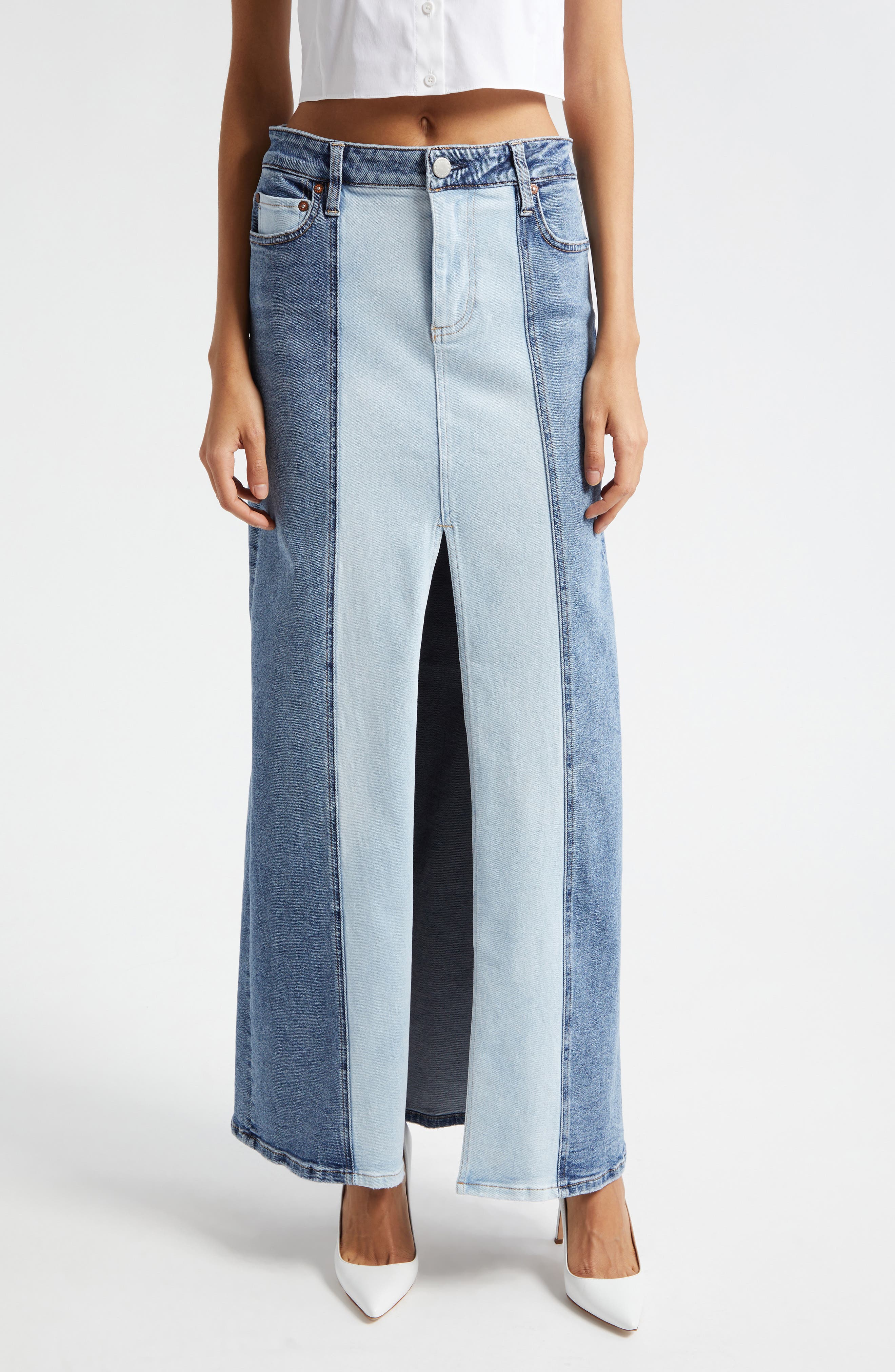 Alice + Olivia Rye Two-Tone Slit Front Denim Maxi Skirt