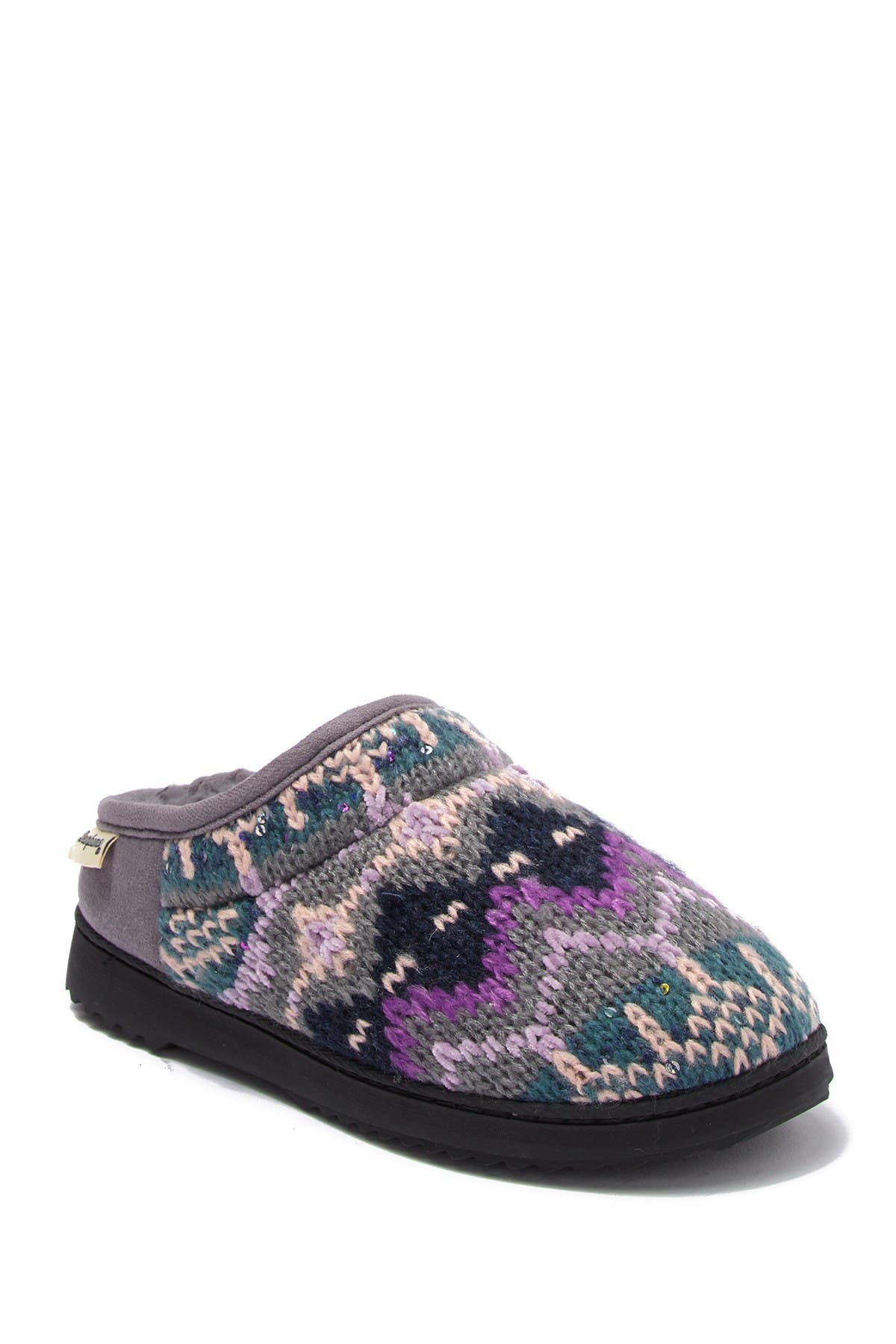 sequin knit faux fur mule slippers