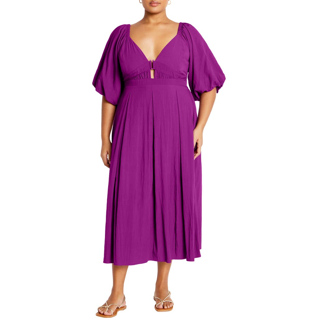 Shop City Chic Shae Keyhole Detail Balloon Sleeve Midi Dress In Magenta