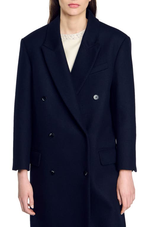 Shop Sandro Long Wool-blend Coat In Navy Blue