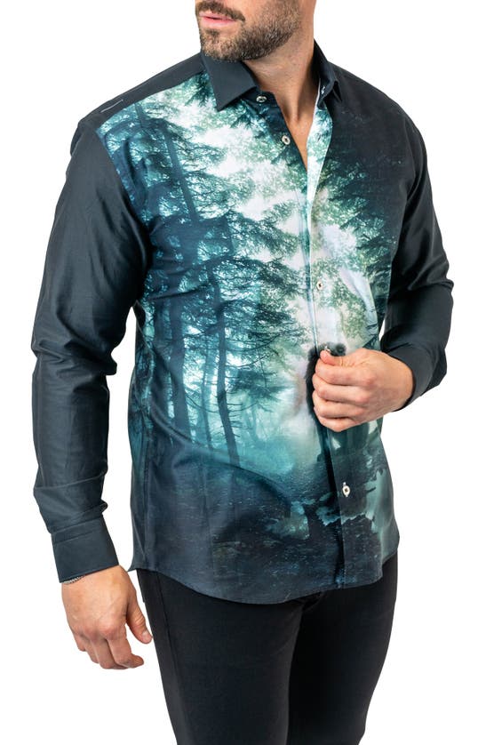 Maceoo Fibonacci Lionforest 17 Black Contemporary Fit Button-up Shirt In Black