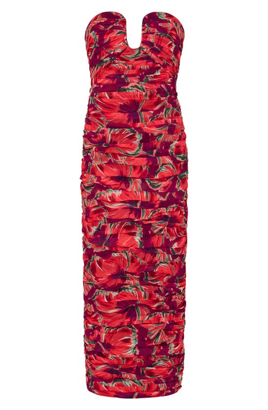Shop Milly Windmill Floral Pleated Strapless Chiffon Gown In Red Multi
