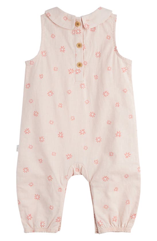 Shop Firsts By Petit Lem Daisy Print Linen & Cotton Romper In Coral Light
