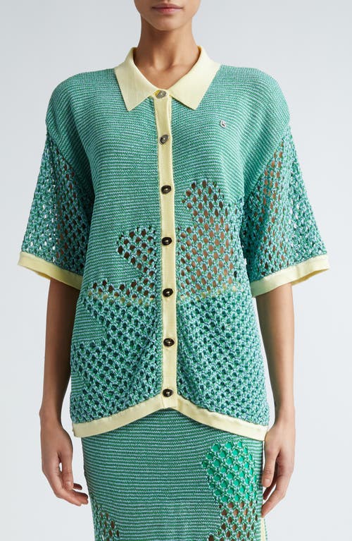 Olivia Oversize Open Stitch Button-Up Shirt in Teal Blast