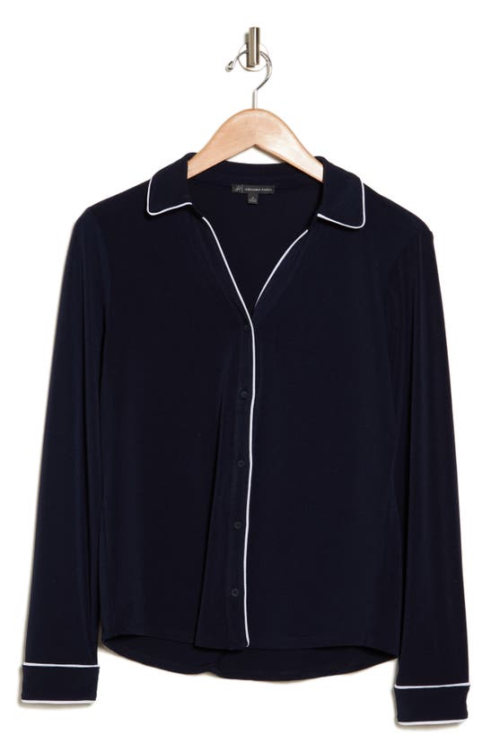 Adrianna Papell Piped Long Sleeve Top In Blue