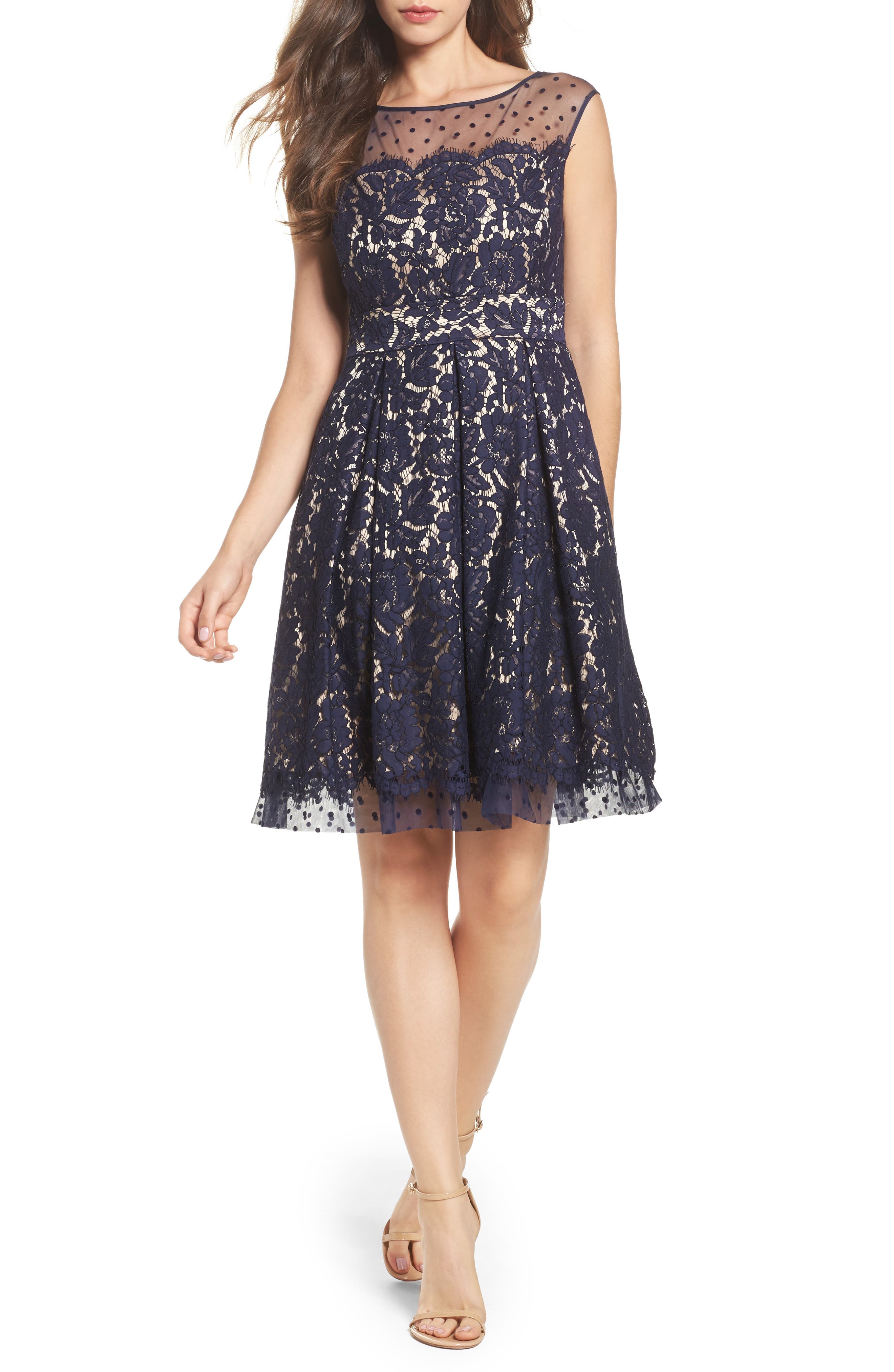 lace yoke floral flare dress