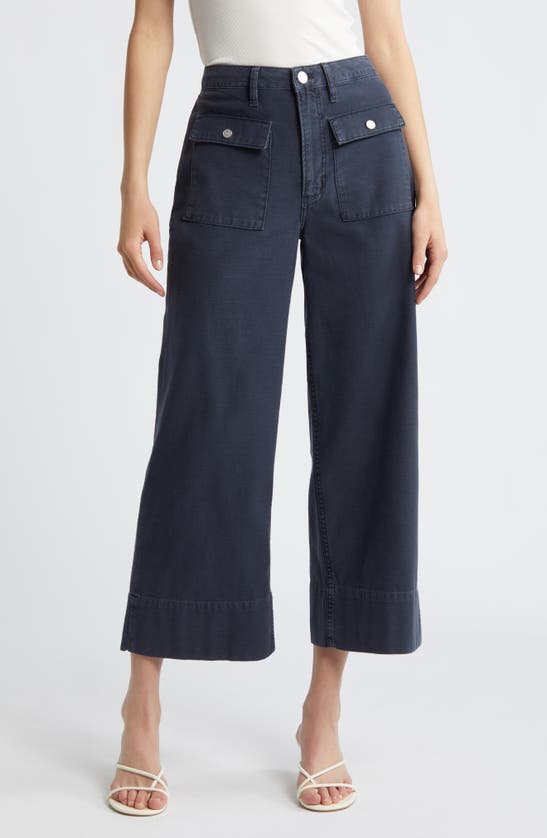 Shop Frame The '70s Patch Pocket Ankle Wide Leg Twill Pants In Washed Navy
