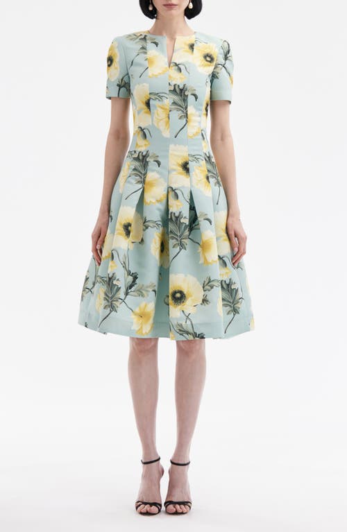 Oscar de la Renta Poppies Floral Pleated Fit & Flare Dress in Sage/Yellow at Nordstrom, Size 6