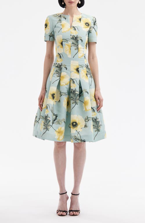 Oscar De La Renta Poppies Floral Pleated Fit & Flare Dress In Sage/yellow