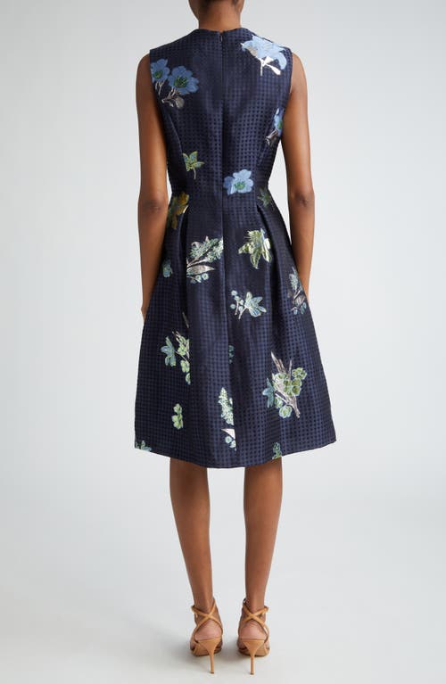 Shop Lela Rose Betsy Metallic Floral & Gingham Jacquard Dress In Navy