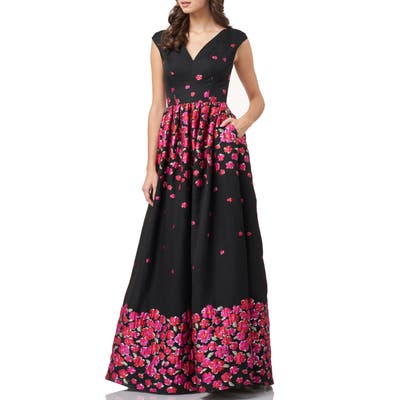 Carmen Marc Valvo Infusion Floral Brocade Ballgown, Black