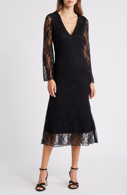 Shop Loveappella Bell Lace Overlay Long Sleeve Midi Dress In Black