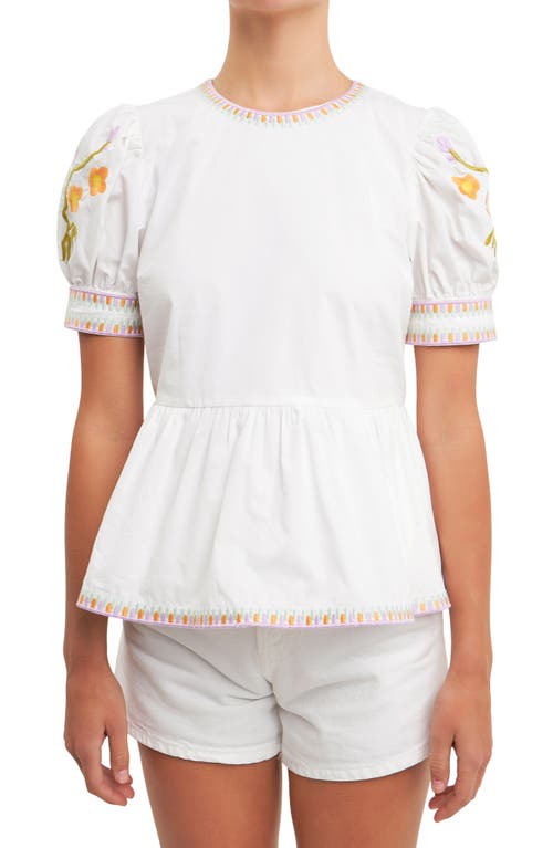 English Factory Embroidered Peplum Cotton Top In Ivory/multi