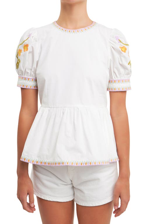 Shop English Factory Embroidered Peplum Cotton Top In Ivory/multi