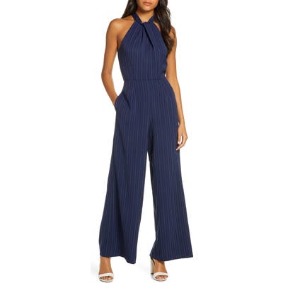 Julia Jordan Knot Front Pinstripe Halter Jumpsuit, Blue