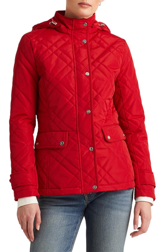 Lauren Ralph Lauren Stand Collar Quilted Jacket With Removable Hood In Red  | ModeSens