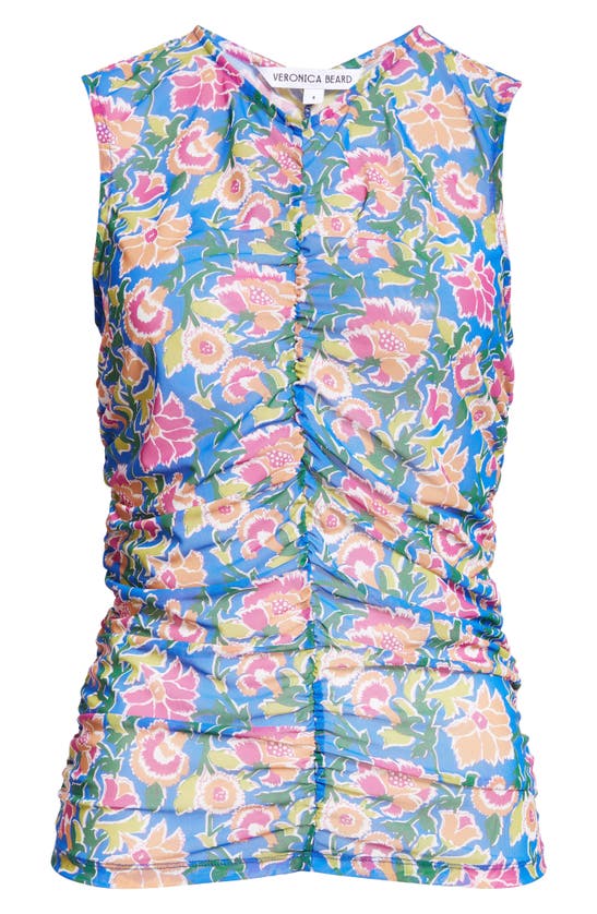 Shop Veronica Beard Tazmin Floral Center Ruched Mesh Top In Sarong Floral Print